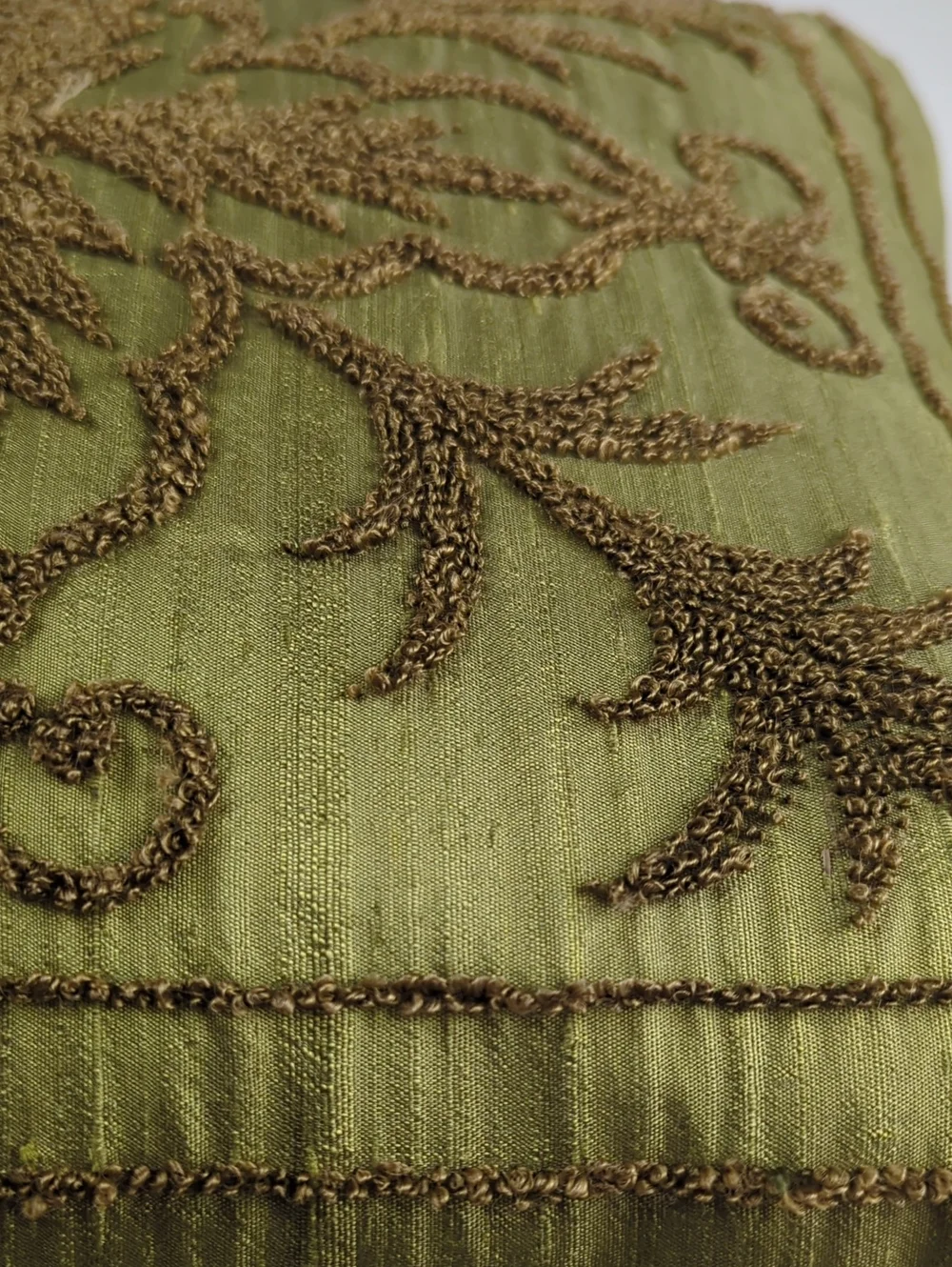 VINTAGE Accent Pillow Green Chartreuse Embroidered Down Filled